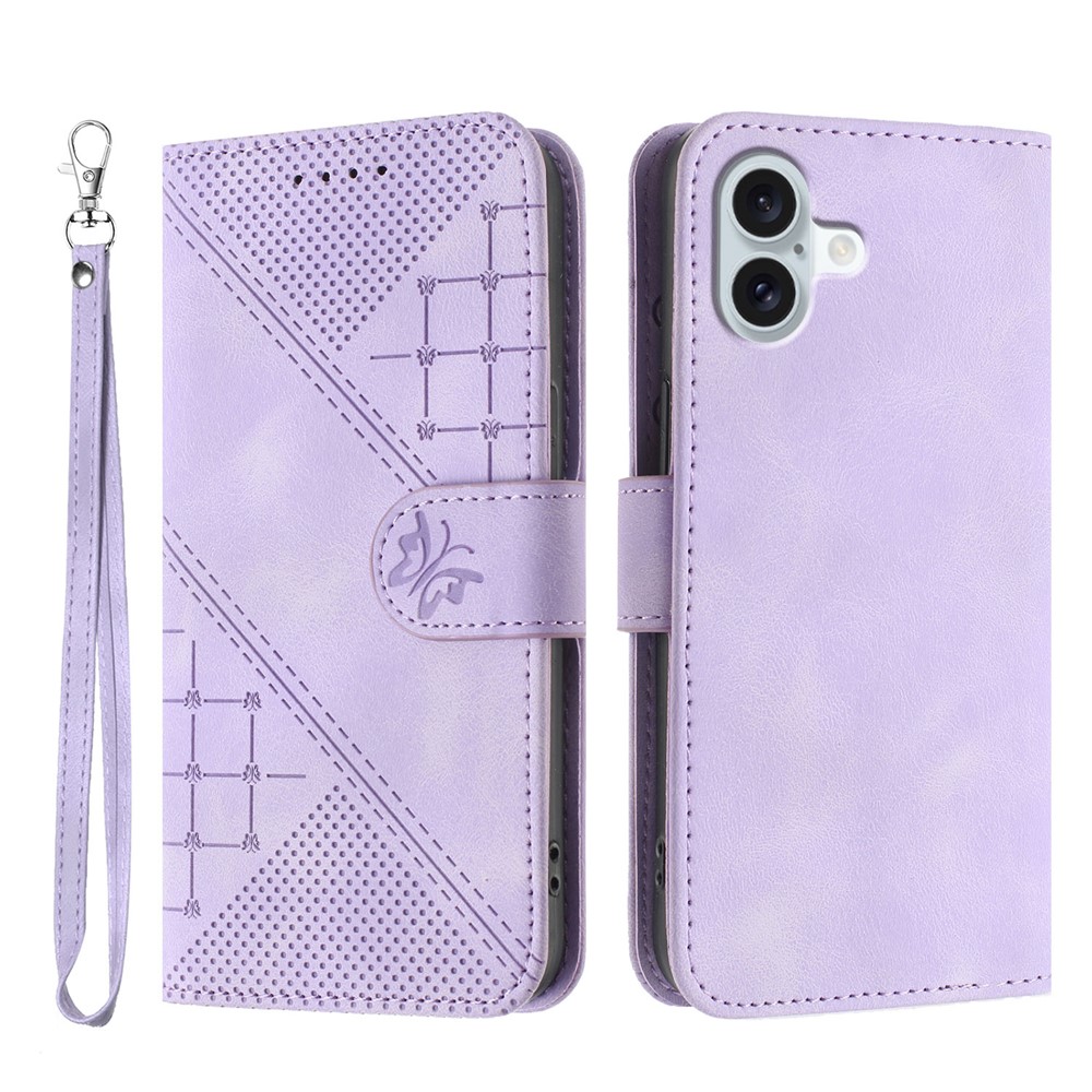 For iPhone 16 Plus Leather Wallet Case Butterfly Flower Imprinted Phone Cover with Strap - Purple