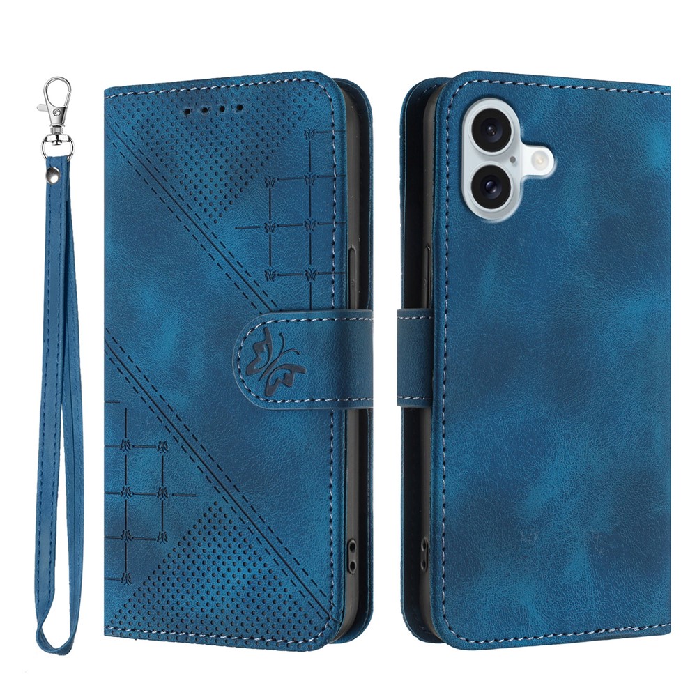For iPhone 16 Plus Leather Wallet Case Butterfly Flower Imprinted Phone Cover with Strap - Royal Blue