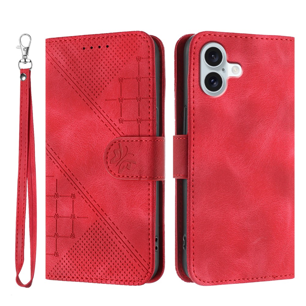 For iPhone 16 Plus Leather Wallet Case Butterfly Flower Imprinted Phone Cover with Strap - Red