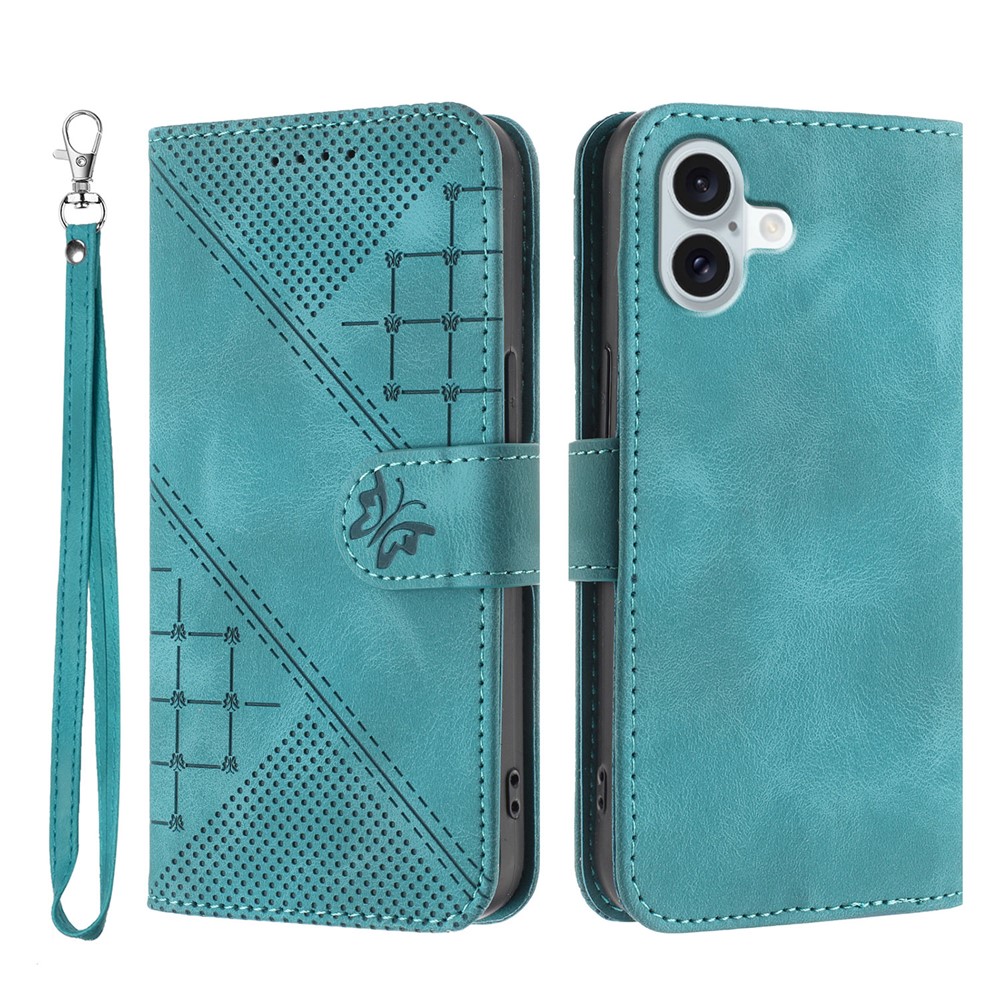 For iPhone 16 Plus Leather Wallet Case Butterfly Flower Imprinted Phone Cover with Strap - Light Blue