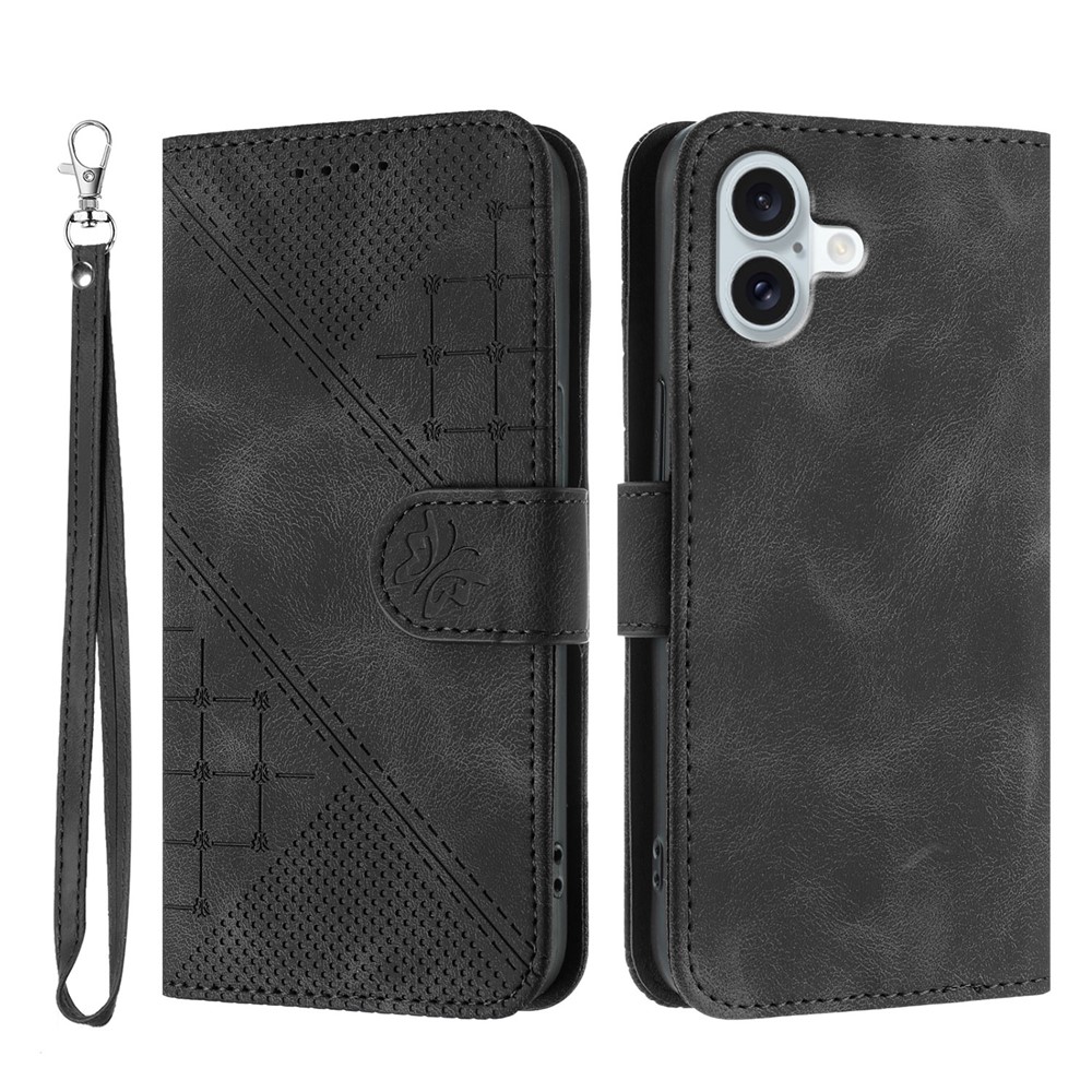 For iPhone 16 Plus Leather Wallet Case Butterfly Flower Imprinted Phone Cover with Strap - Black