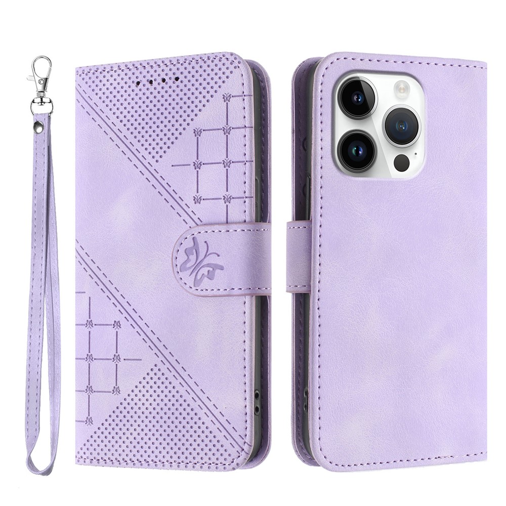 For iPhone 16 Pro Max Leather Wallet Case Butterfly Flower Imprinted Phone Cover with Strap - Purple