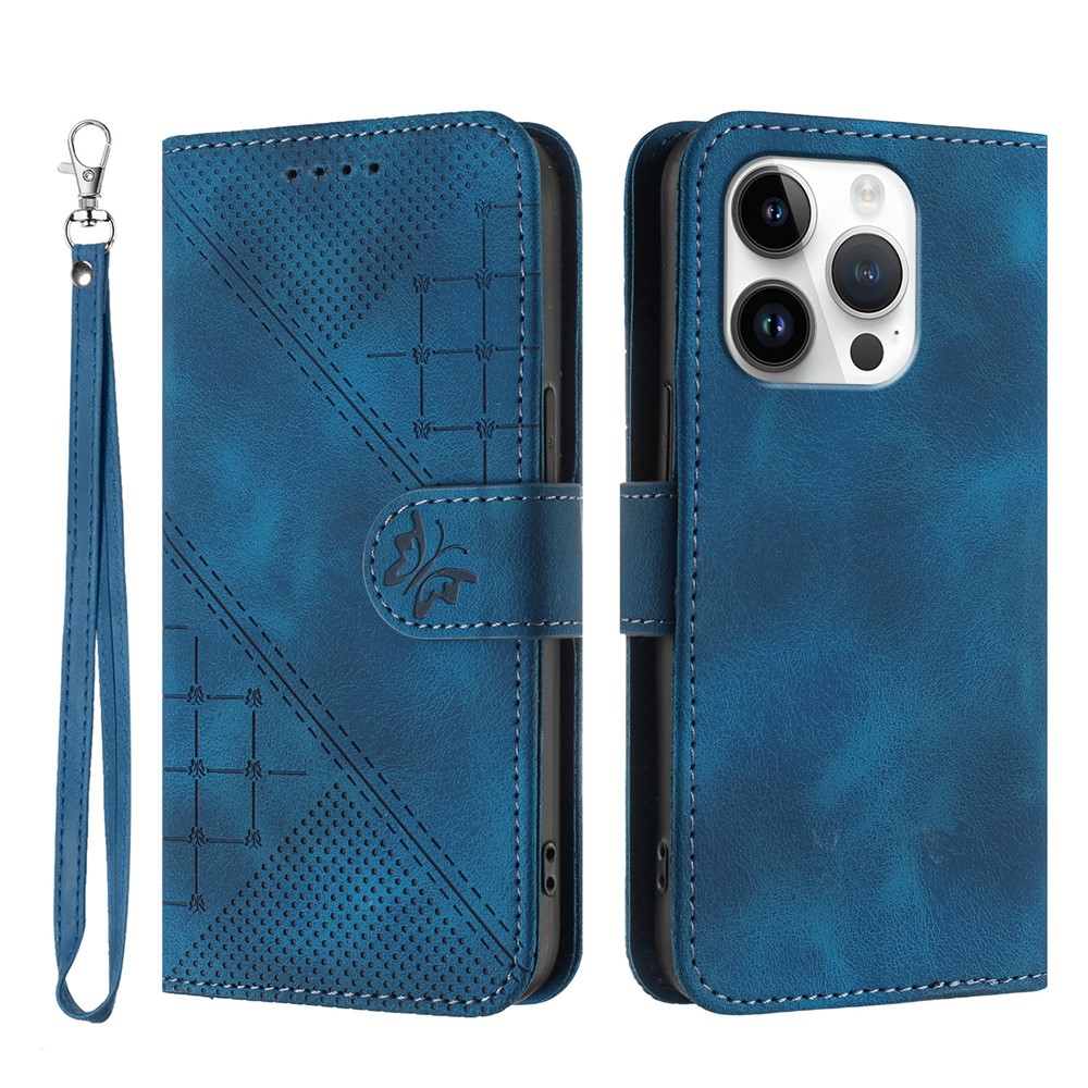 For iPhone 16 Pro Max Leather Wallet Case Butterfly Flower Imprinted Phone Cover with Strap - Royal Blue