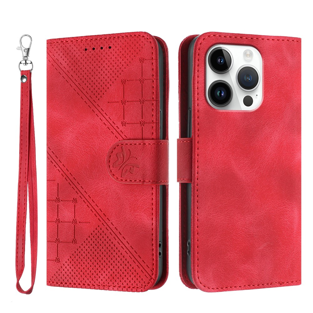 For iPhone 16 Pro Max Leather Wallet Case Butterfly Flower Imprinted Phone Cover with Strap - Red