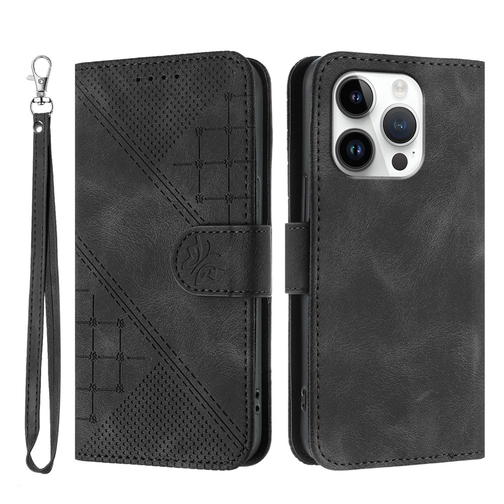 For iPhone 16 Pro Max Leather Wallet Case Butterfly Flower Imprinted Phone Cover with Strap - Black