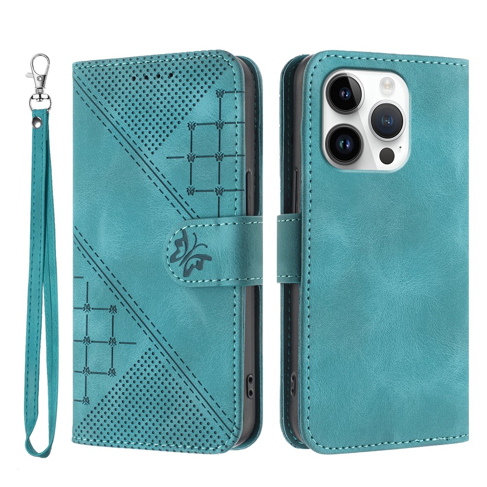 For iPhone 16 Pro Leather Wallet Case Butterfly Flower Imprinted Phone Cover with Strap - Light Blue