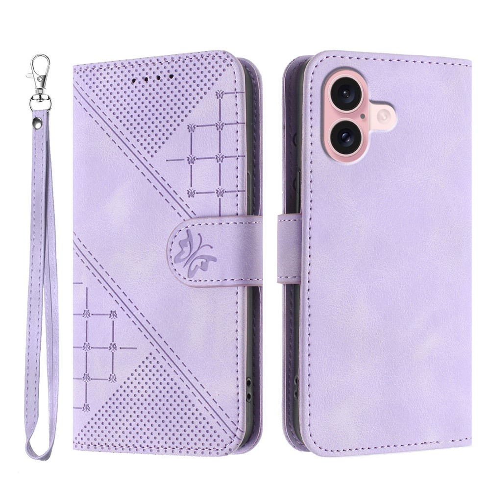 For iPhone 16 Leather Wallet Case Butterfly Flower Imprinted Phone Cover with Strap - Purple