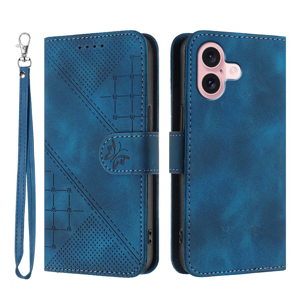 For iPhone 16 Leather Wallet Case Butterfly Flower Imprinted Phone Cover with Strap - Royal Blue