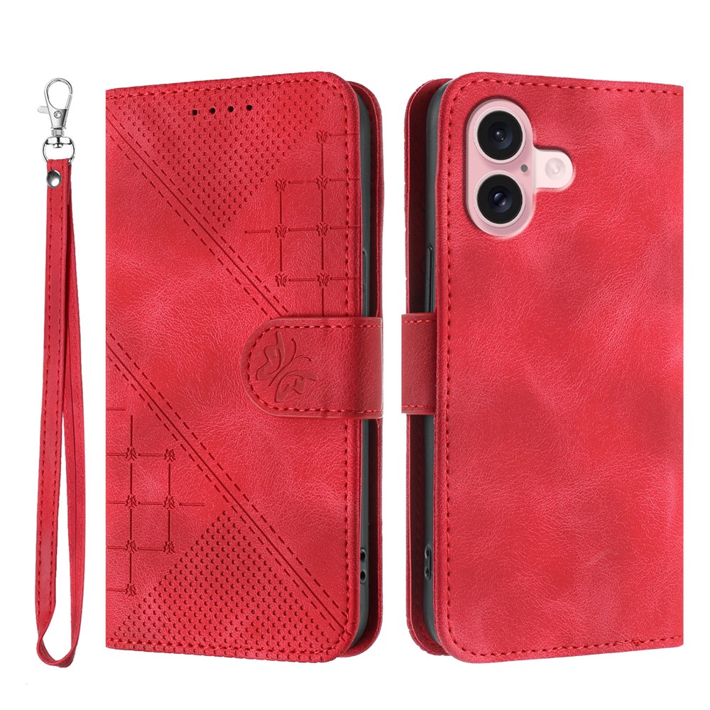 For iPhone 16 Leather Wallet Case Butterfly Flower Imprinted Phone Cover with Strap - Red