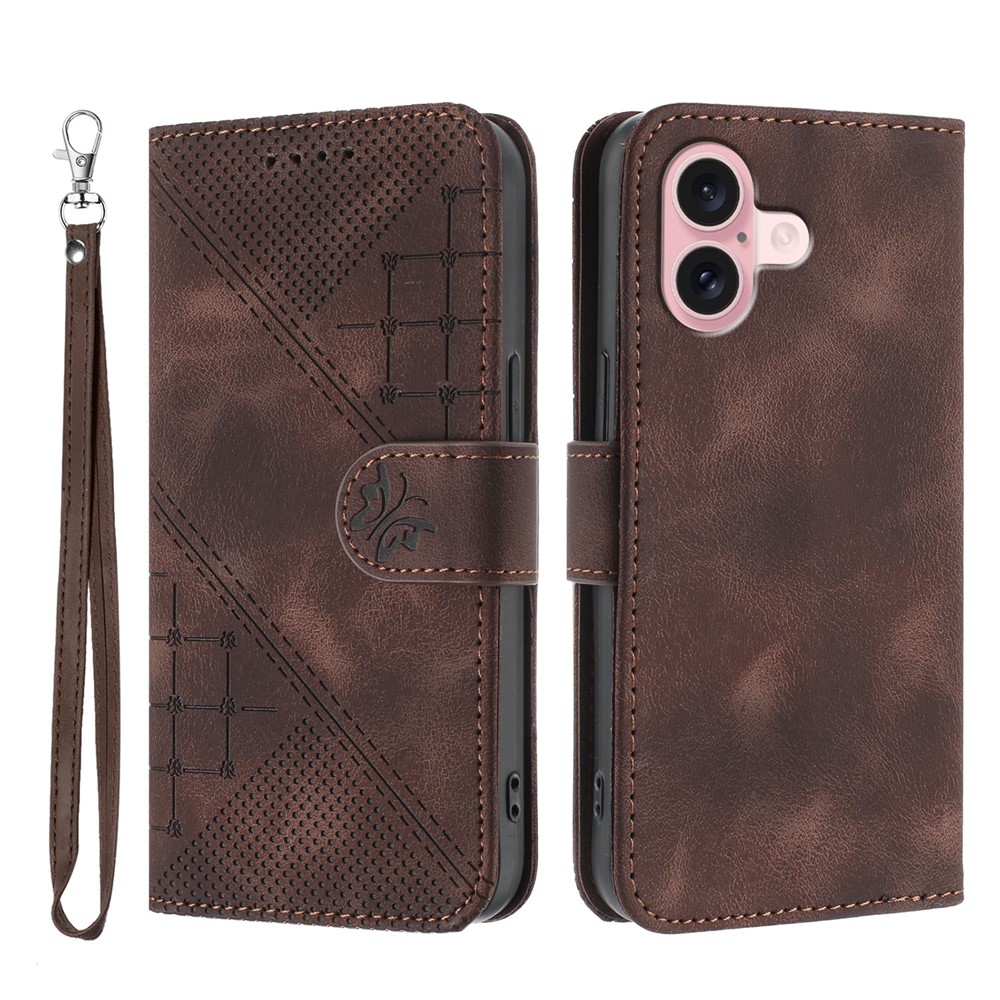 For iPhone 16 Leather Wallet Case Butterfly Flower Imprinted Phone Cover with Strap - Coffee