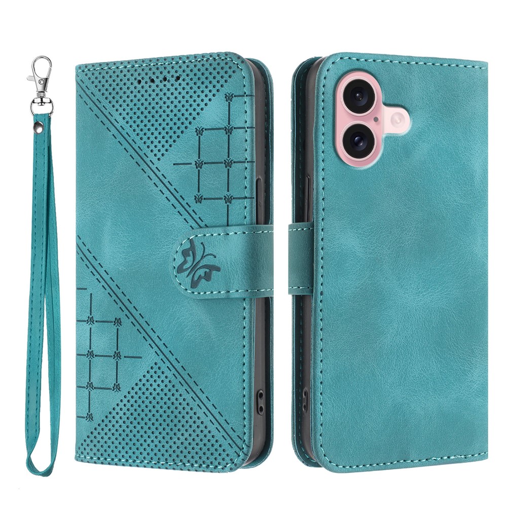 For iPhone 16 Leather Wallet Case Butterfly Flower Imprinted Phone Cover with Strap - Light Blue