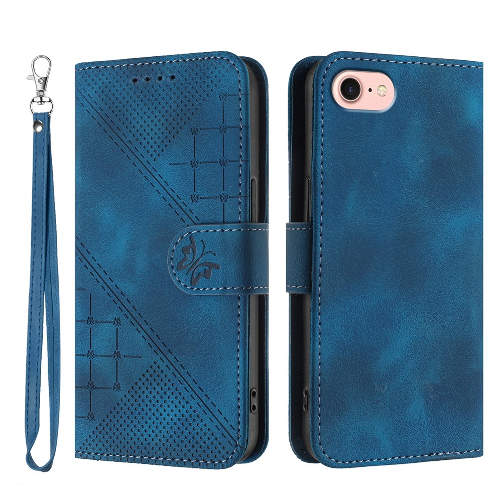 For iPhone 16e Leather Wallet Case Butterfly Flower Imprinted Phone Cover with Strap - Royal Blue