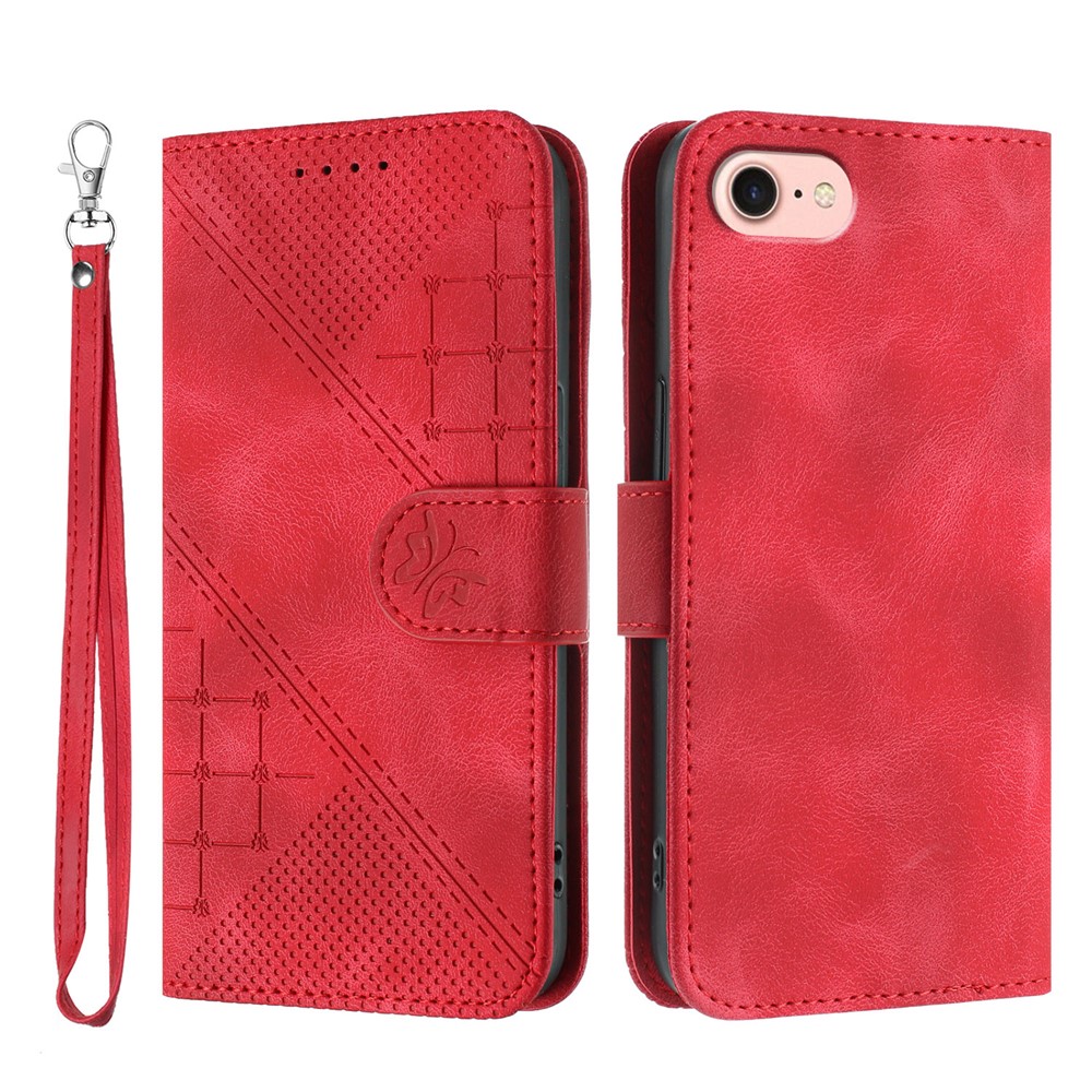 For iPhone 16e Leather Wallet Case Butterfly Flower Imprinted Phone Cover with Strap - Red