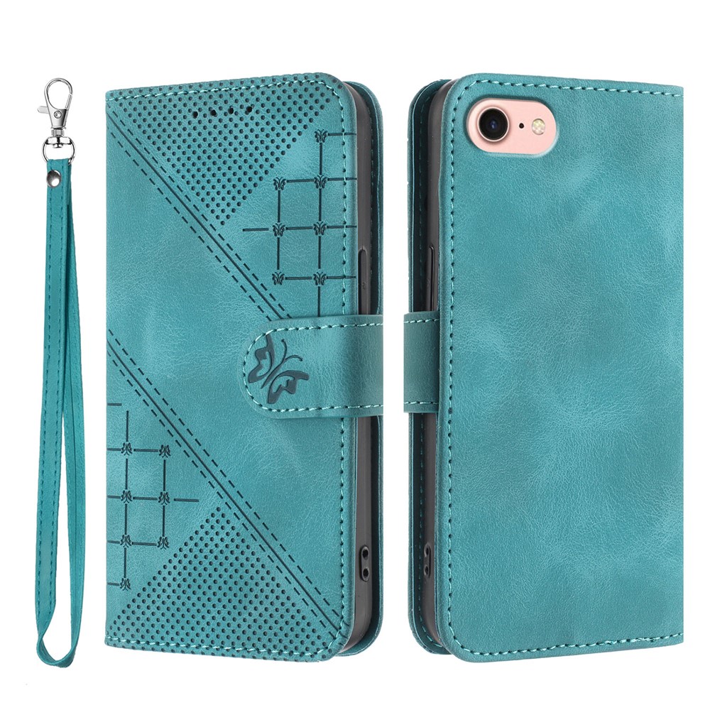 For iPhone 16e Leather Wallet Case Butterfly Flower Imprinted Phone Cover with Strap - Light Blue