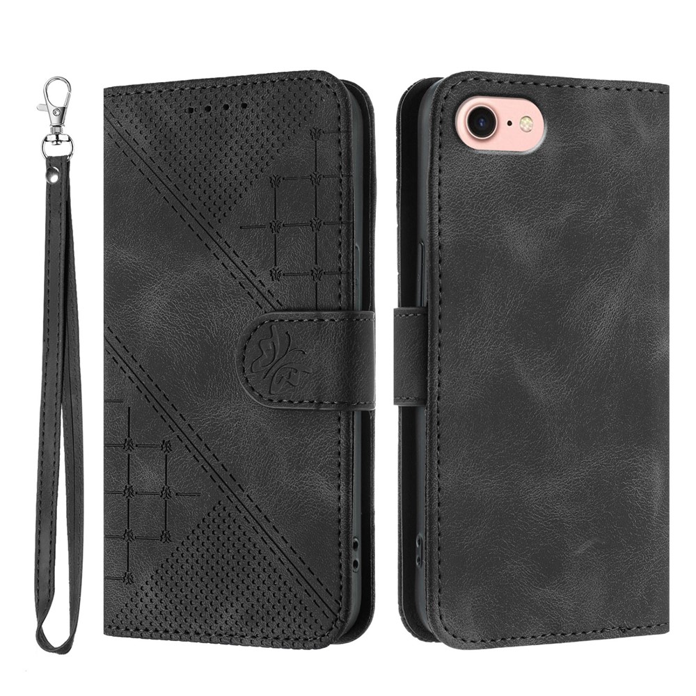 For iPhone 16e Leather Wallet Case Butterfly Flower Imprinted Phone Cover with Strap - Black
