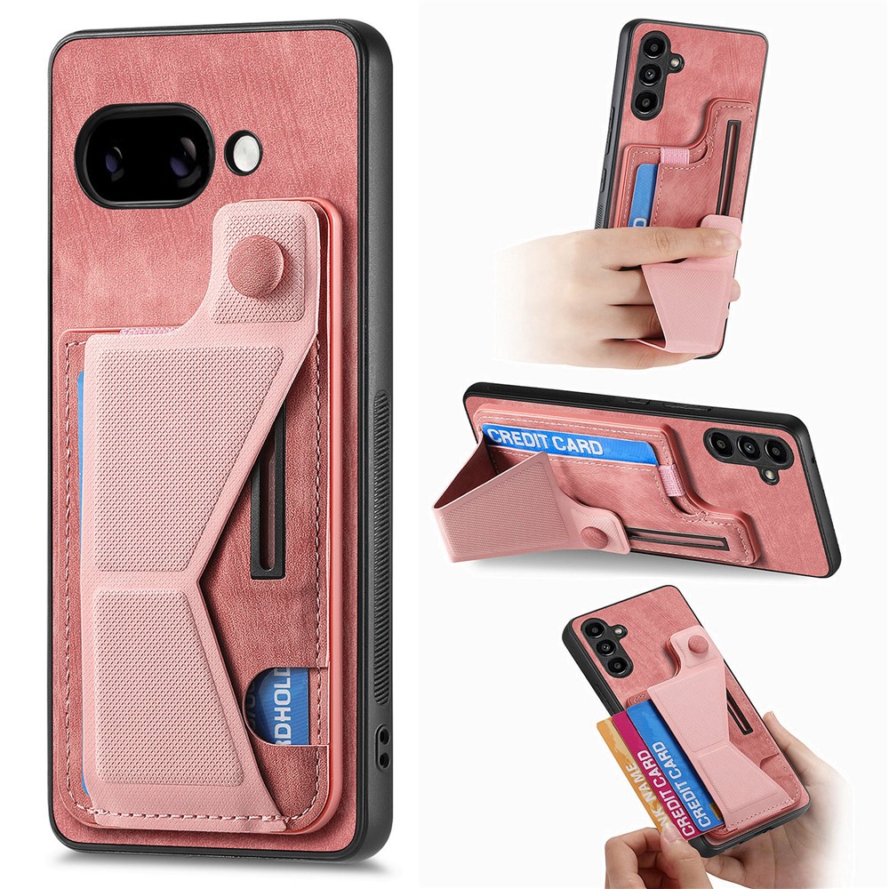 For Google Pixel 9a Case with Card Slot Kickstand Retro Leather Back Cover - Pink