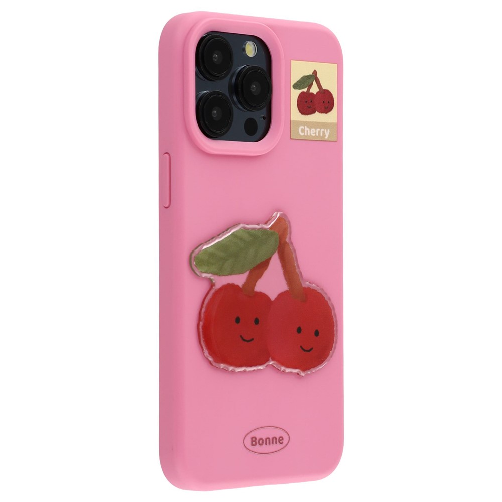 For iPhone 15 Pro Max Case Pattern Printed 2.0mm TPU Phone Cover with 3D Accessories Decor - Rose + Cherry
