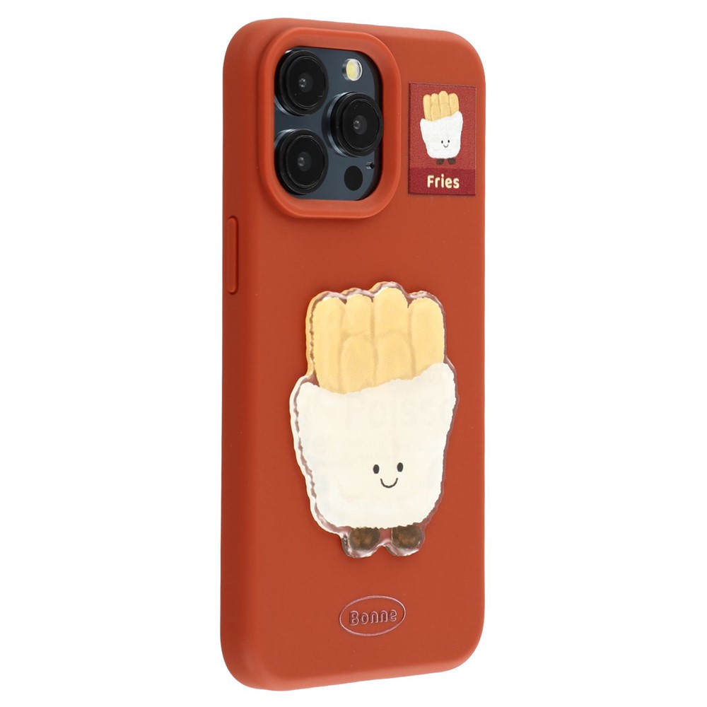 For iPhone 15 Pro Max Case Pattern Printed 2.0mm TPU Phone Cover with 3D Accessories Decor - Dark Red + French Fries