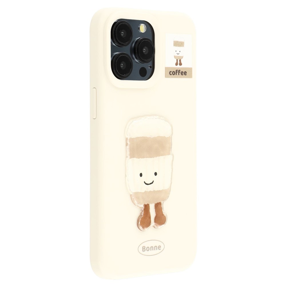 For iPhone 15 Pro Case Pattern Printed 2.0mm TPU Phone Cover with 3D Accessories Decor - White + Coffee