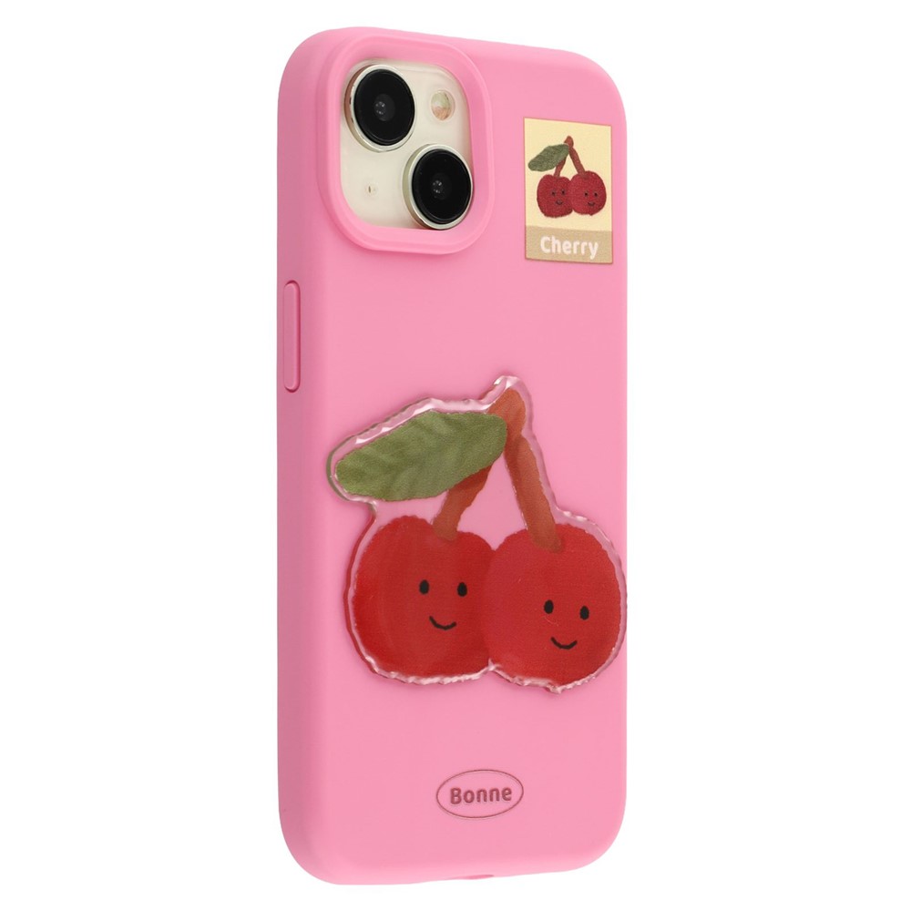 For iPhone 14 Case Pattern Printed 2.0mm TPU Phone Cover with 3D Accessories Decor - Rose + Cherry