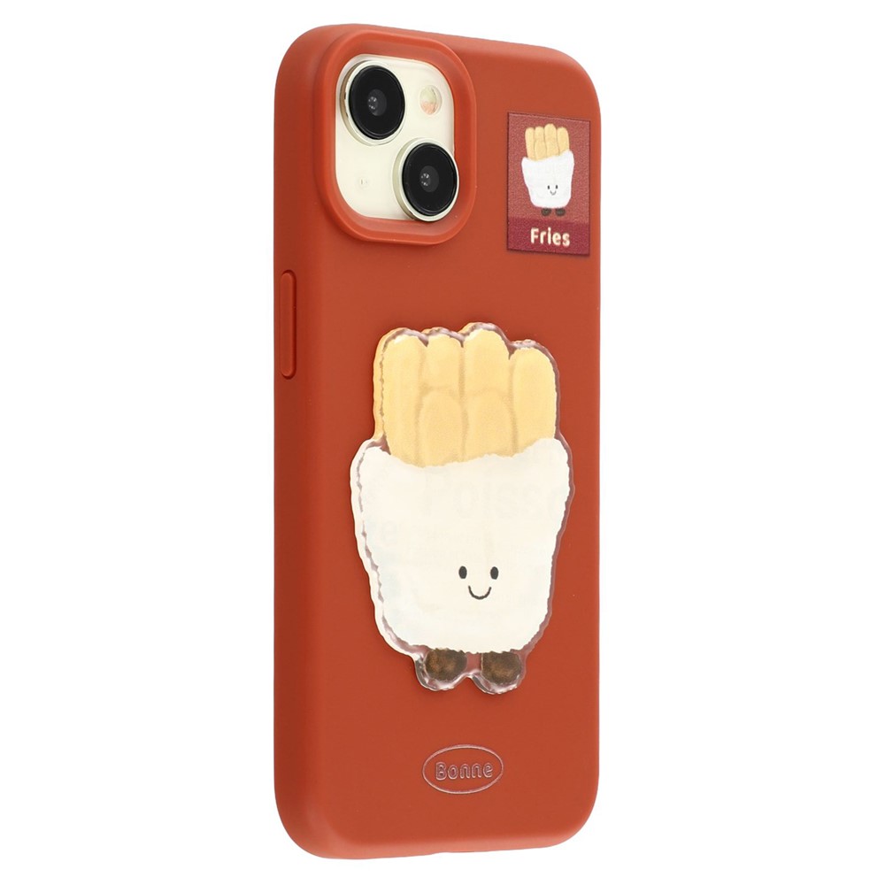For iPhone 13 Case Pattern Printed 2.0mm TPU Phone Cover with 3D Accessories Decor - Dark Red + French Fries
