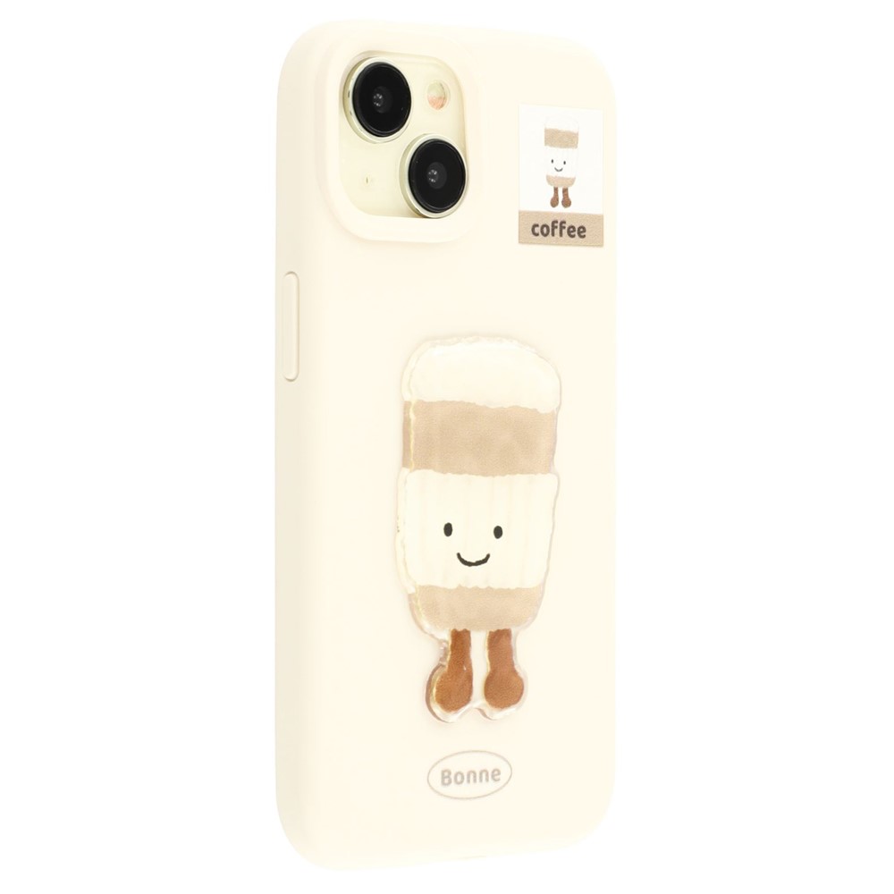 For iPhone 13 Case Pattern Printed 2.0mm TPU Phone Cover with 3D Accessories Decor - White + Coffee