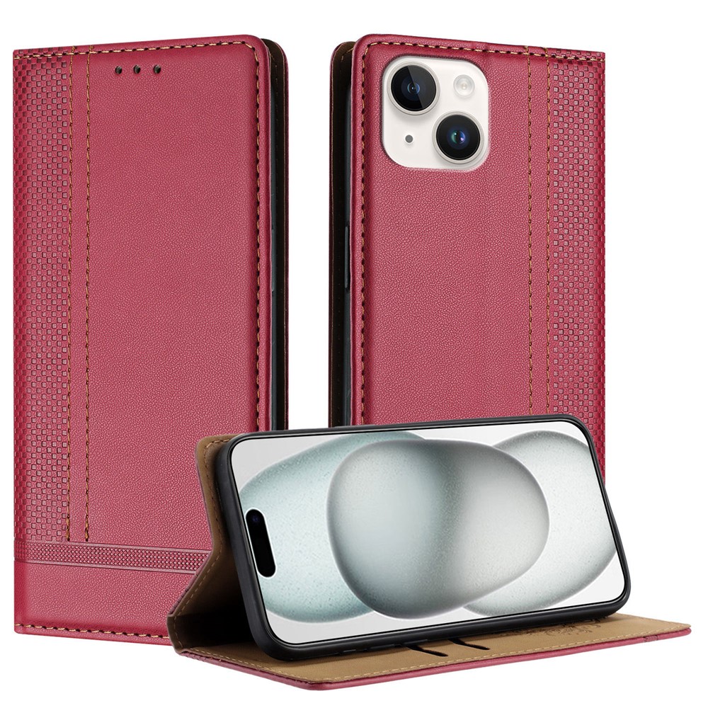 For iPhone 15 Case L-Shaped Grid Pattern Leather Stand Phone Cover with Card Slots - Red