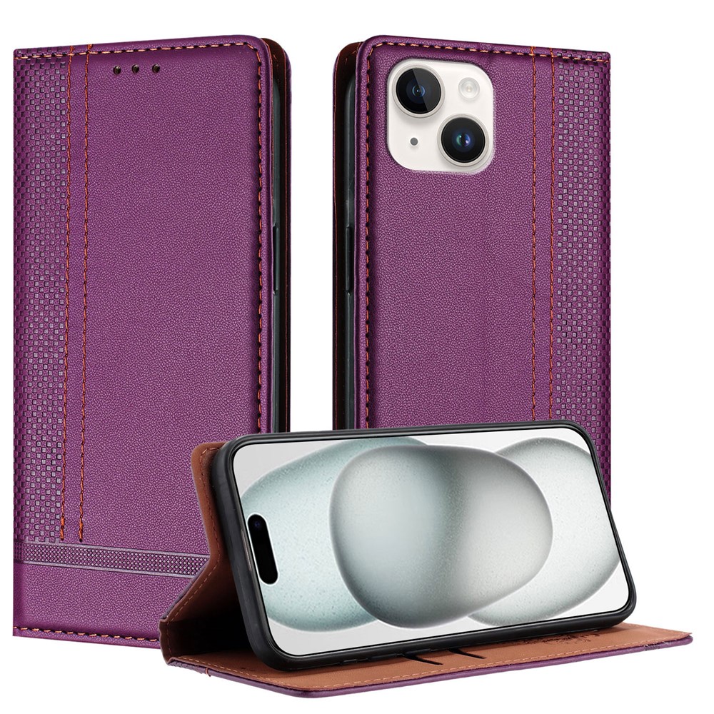 For iPhone 15 Case L-Shaped Grid Pattern Leather Stand Phone Cover with Card Slots - Purple