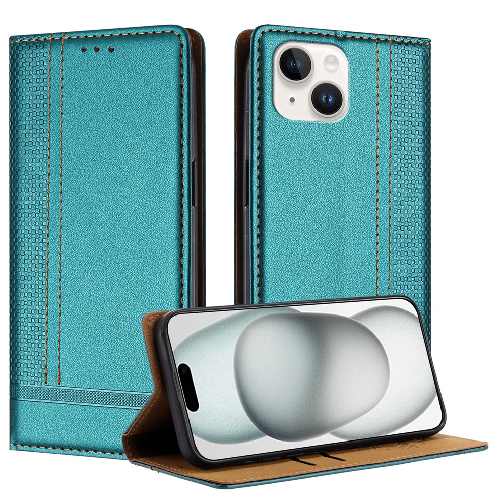 For iPhone 15 Case L-Shaped Grid Pattern Leather Stand Phone Cover with Card Slots - Green