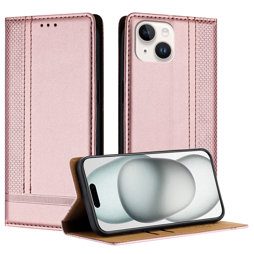 For iPhone 15 Case L-Shaped Grid Pattern Leather Stand Phone Cover with Card Slots - Rose Gold