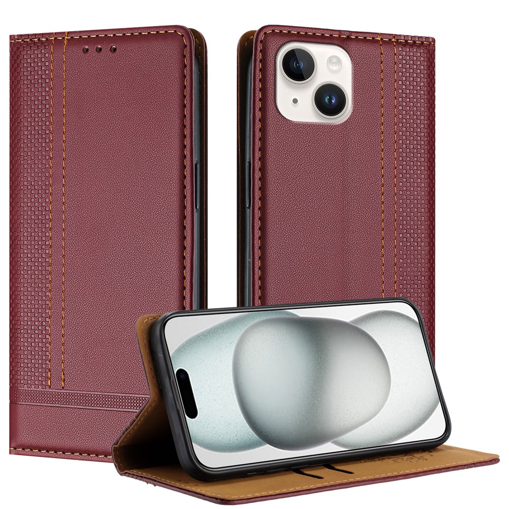 For iPhone 15 Case L-Shaped Grid Pattern Leather Stand Phone Cover with Card Slots - Wine Red