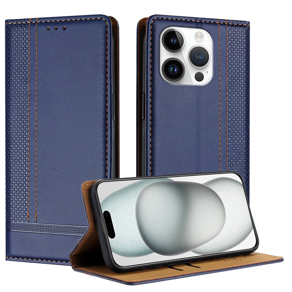 For iPhone 15 Pro Case L-Shaped Grid Pattern Leather Stand Phone Cover with Card Slots - Blue