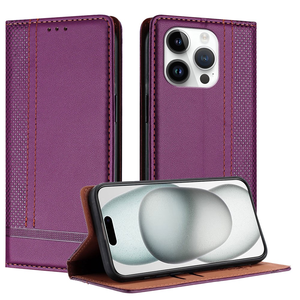 For iPhone 15 Pro Case L-Shaped Grid Pattern Leather Stand Phone Cover with Card Slots - Purple