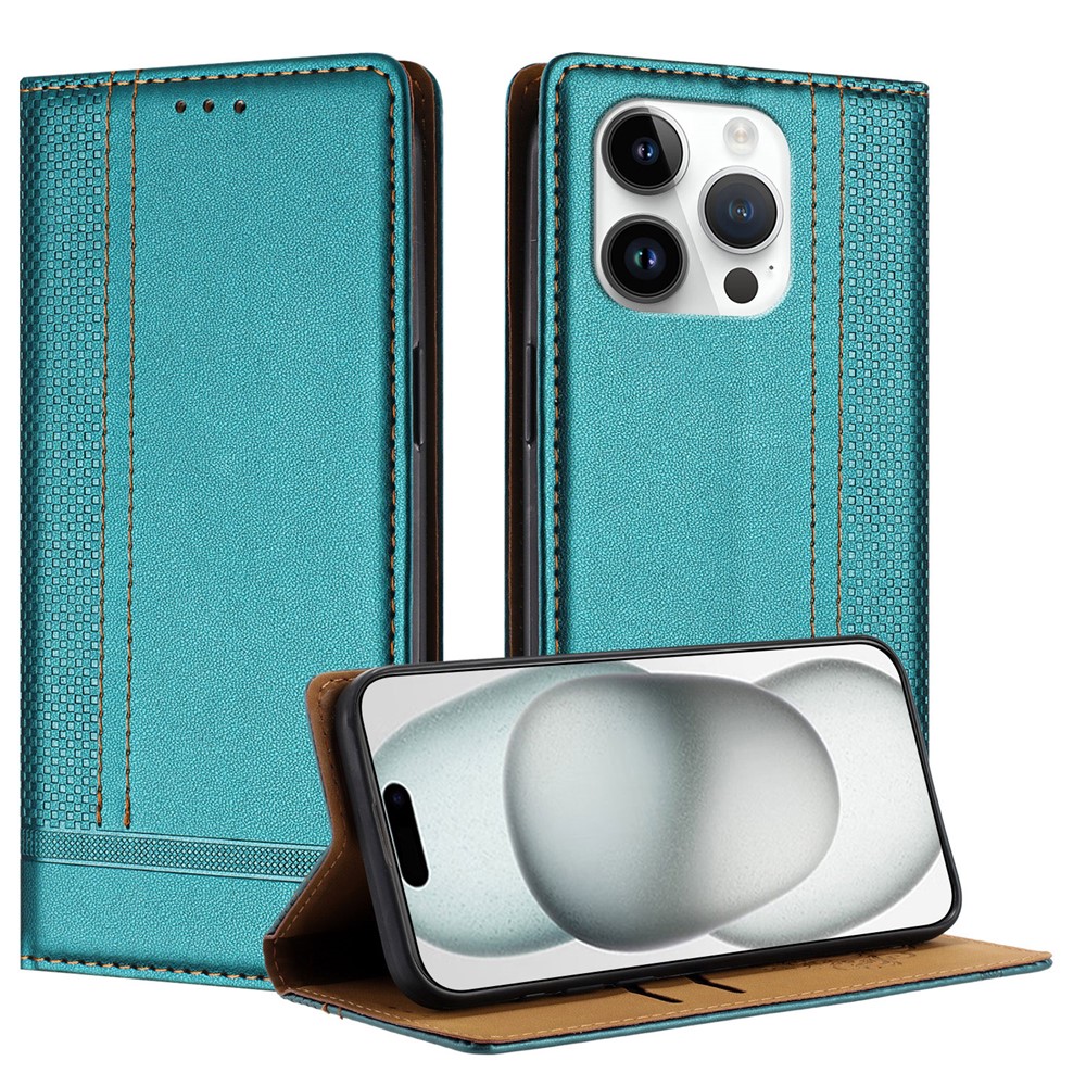 For iPhone 15 Pro Case L-Shaped Grid Pattern Leather Stand Phone Cover with Card Slots - Green