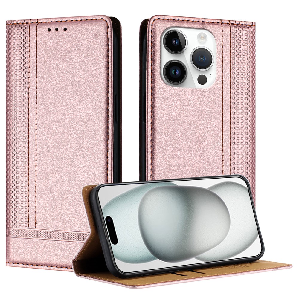 For iPhone 15 Pro Case L-Shaped Grid Pattern Leather Stand Phone Cover with Card Slots - Rose Gold