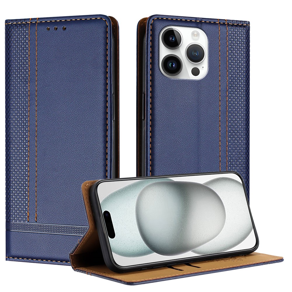 For iPhone 15 Pro Max Case L-Shaped Grid Pattern Leather Stand Phone Cover with Card Slots - Blue