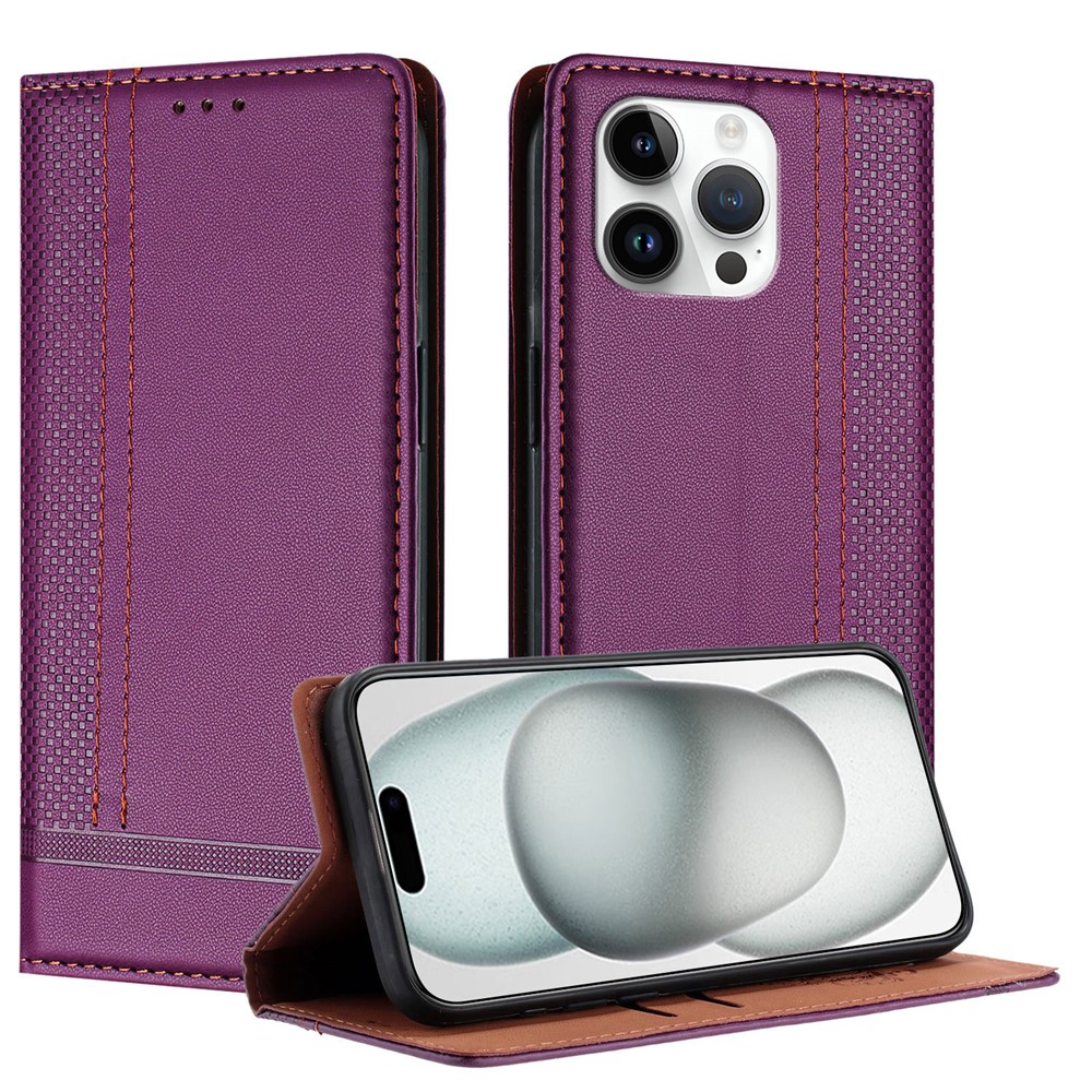 For iPhone 15 Pro Max Case L-Shaped Grid Pattern Leather Stand Phone Cover with Card Slots - Purple