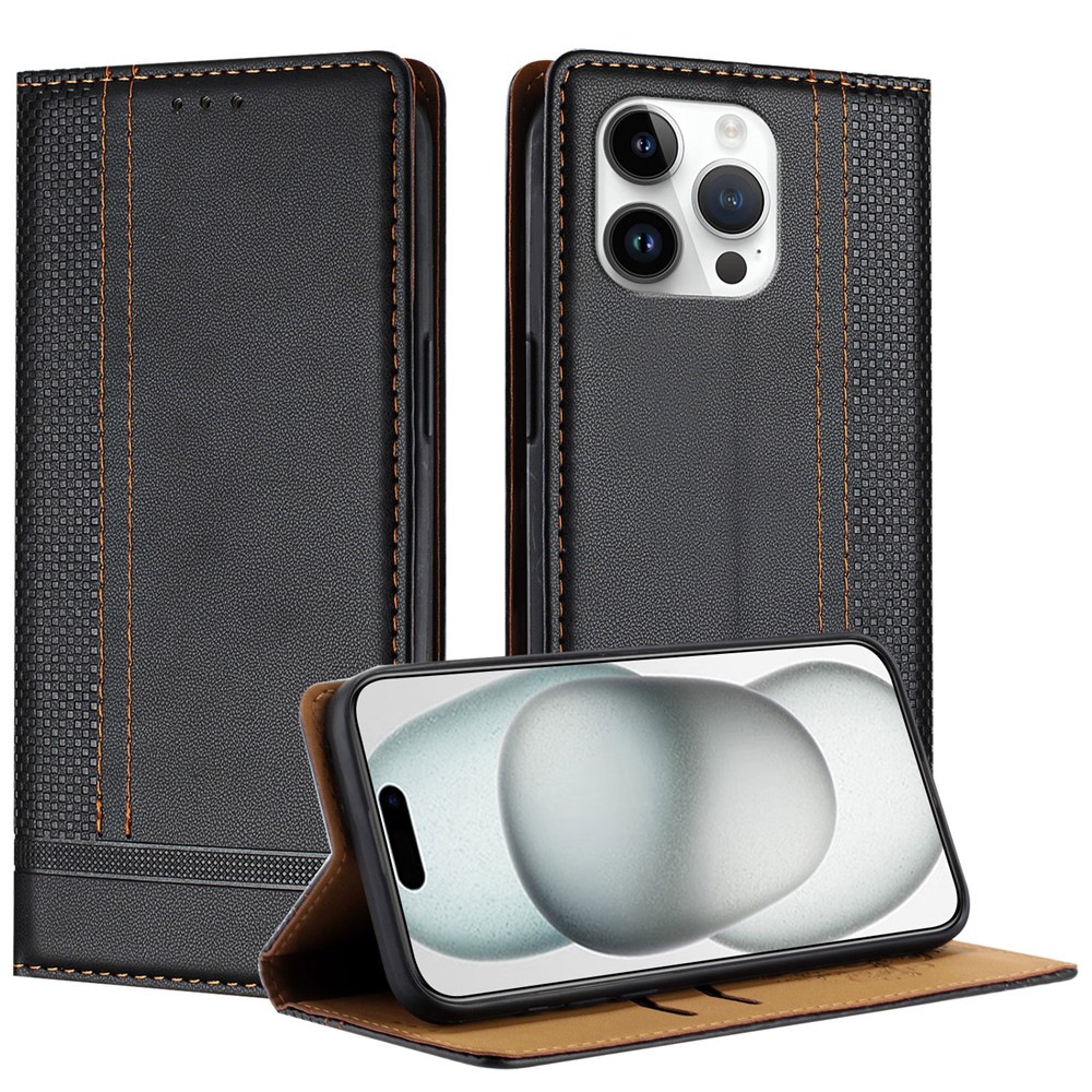 For iPhone 15 Pro Max Case L-Shaped Grid Pattern Leather Stand Phone Cover with Card Slots - Black