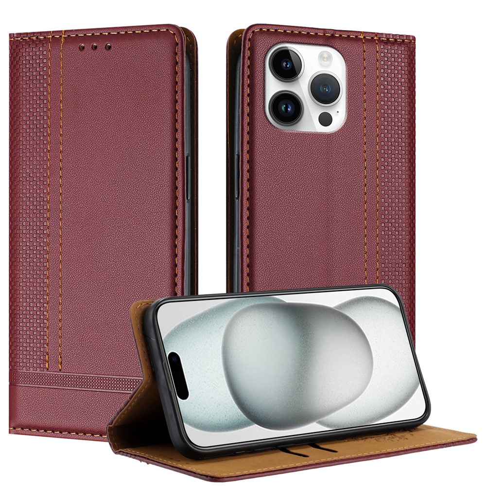 For iPhone 15 Pro Max Case L-Shaped Grid Pattern Leather Stand Phone Cover with Card Slots - Wine Red