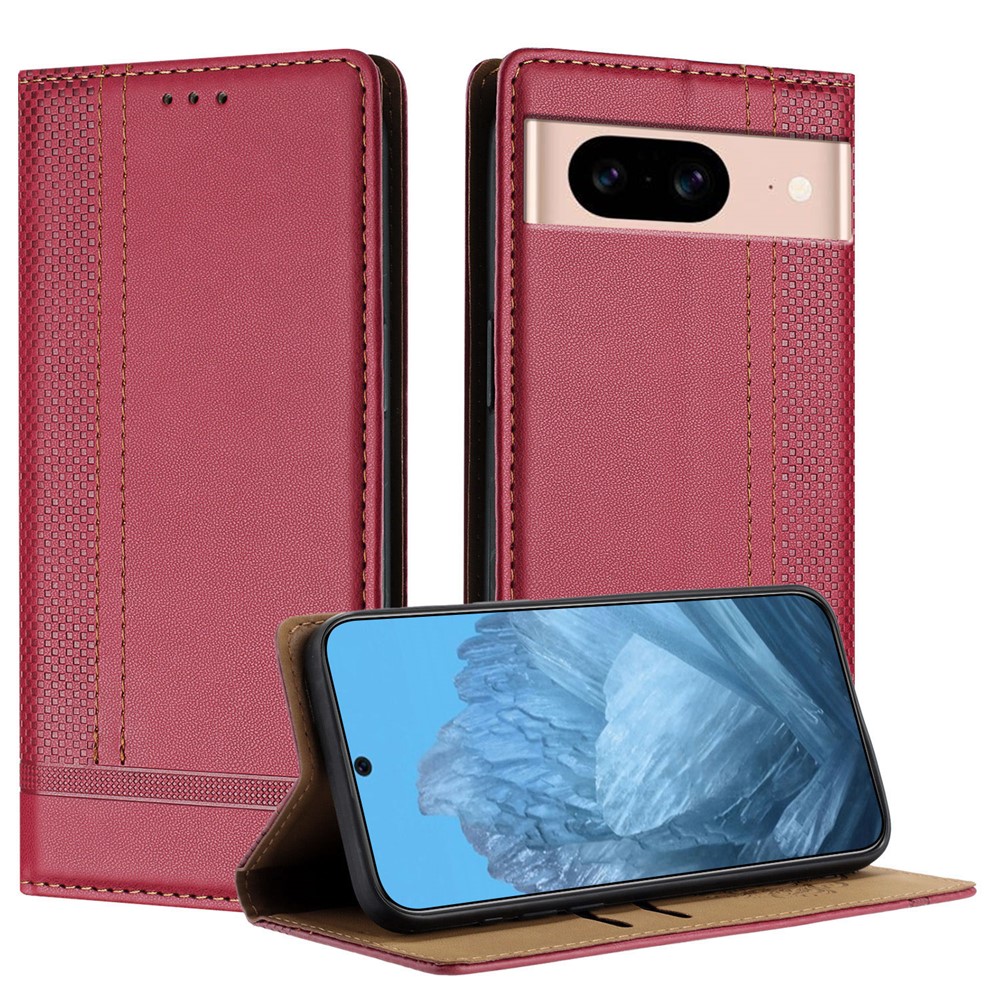 For Google Pixel 8a Case L-Shaped Grid Pattern Leather Stand Phone Cover with Card Slots - Red
