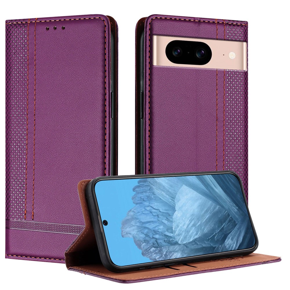 For Google Pixel 8a Case L-Shaped Grid Pattern Leather Stand Phone Cover with Card Slots - Purple