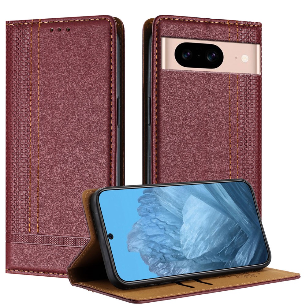 For Google Pixel 8a Case L-Shaped Grid Pattern Leather Stand Phone Cover with Card Slots - Wine Red