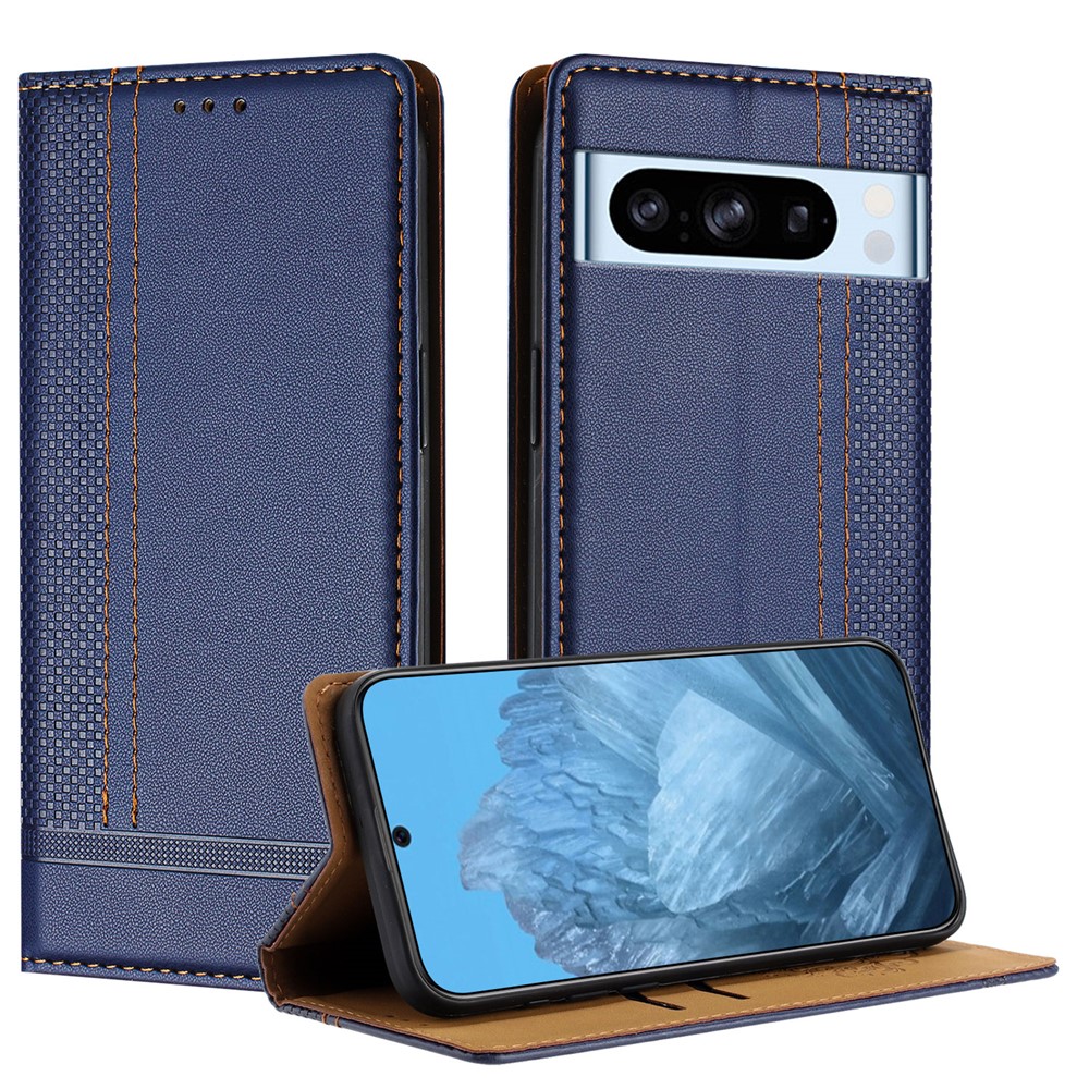 For Google Pixel 8 Pro Case L-Shaped Grid Pattern Leather Stand Phone Cover with Card Slots - Blue