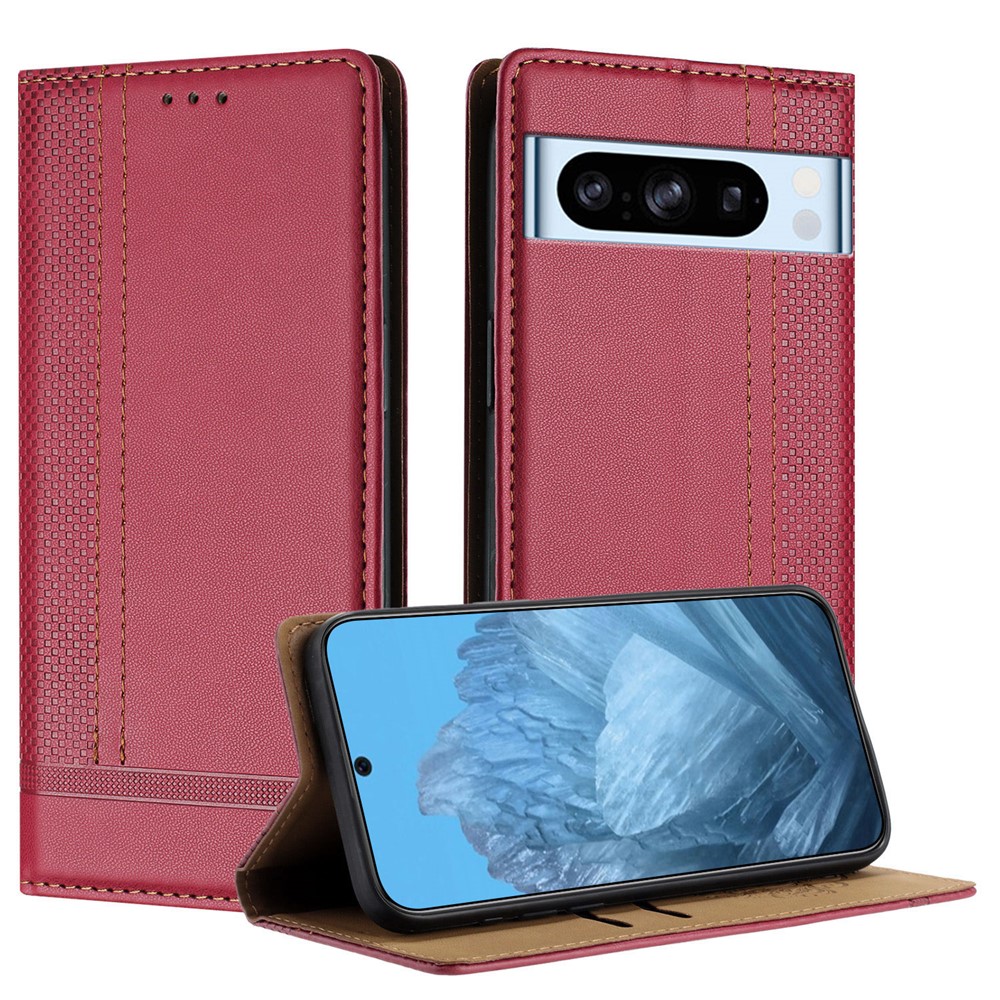 For Google Pixel 8 Pro Case L-Shaped Grid Pattern Leather Stand Phone Cover with Card Slots - Red