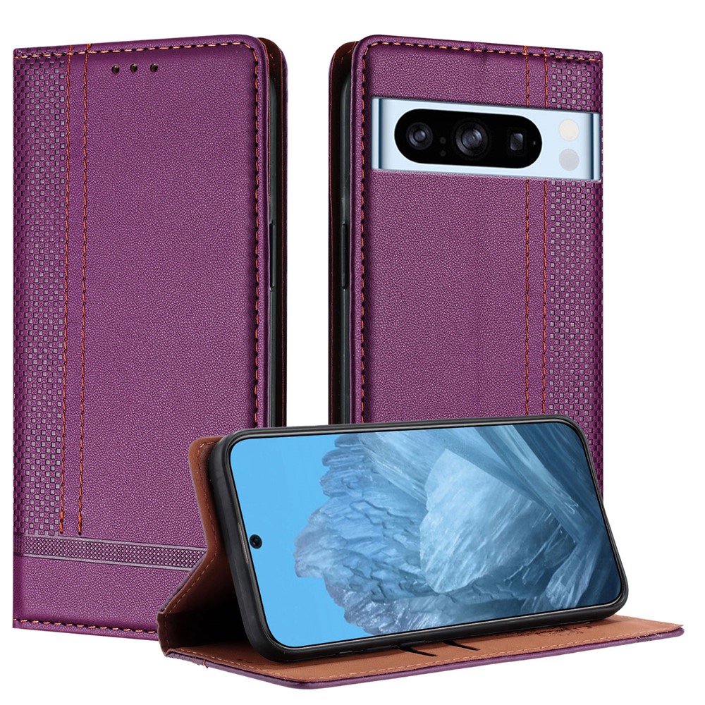 For Google Pixel 8 Pro Case L-Shaped Grid Pattern Leather Stand Phone Cover with Card Slots - Purple