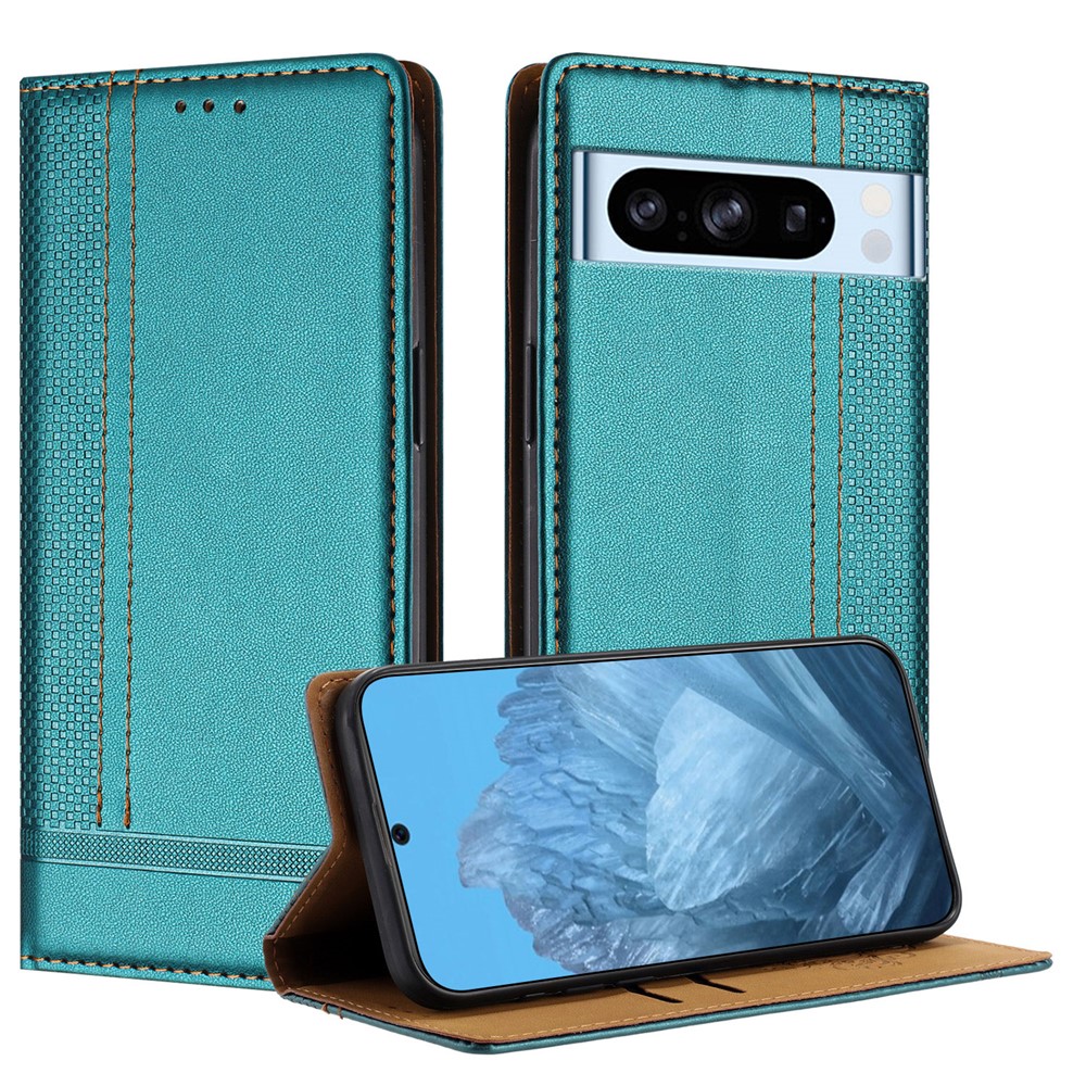 For Google Pixel 8 Pro Case L-Shaped Grid Pattern Leather Stand Phone Cover with Card Slots - Green