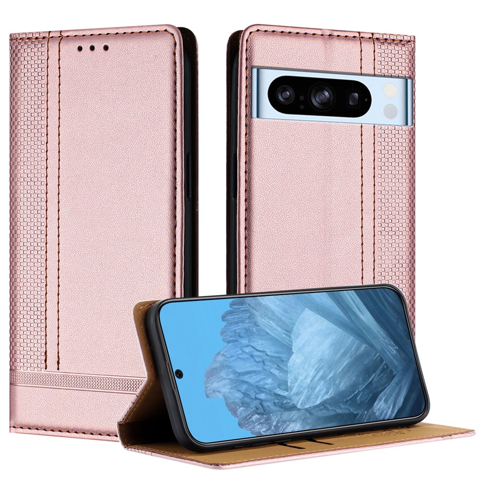 For Google Pixel 8 Pro Case L-Shaped Grid Pattern Leather Stand Phone Cover with Card Slots - Rose Gold