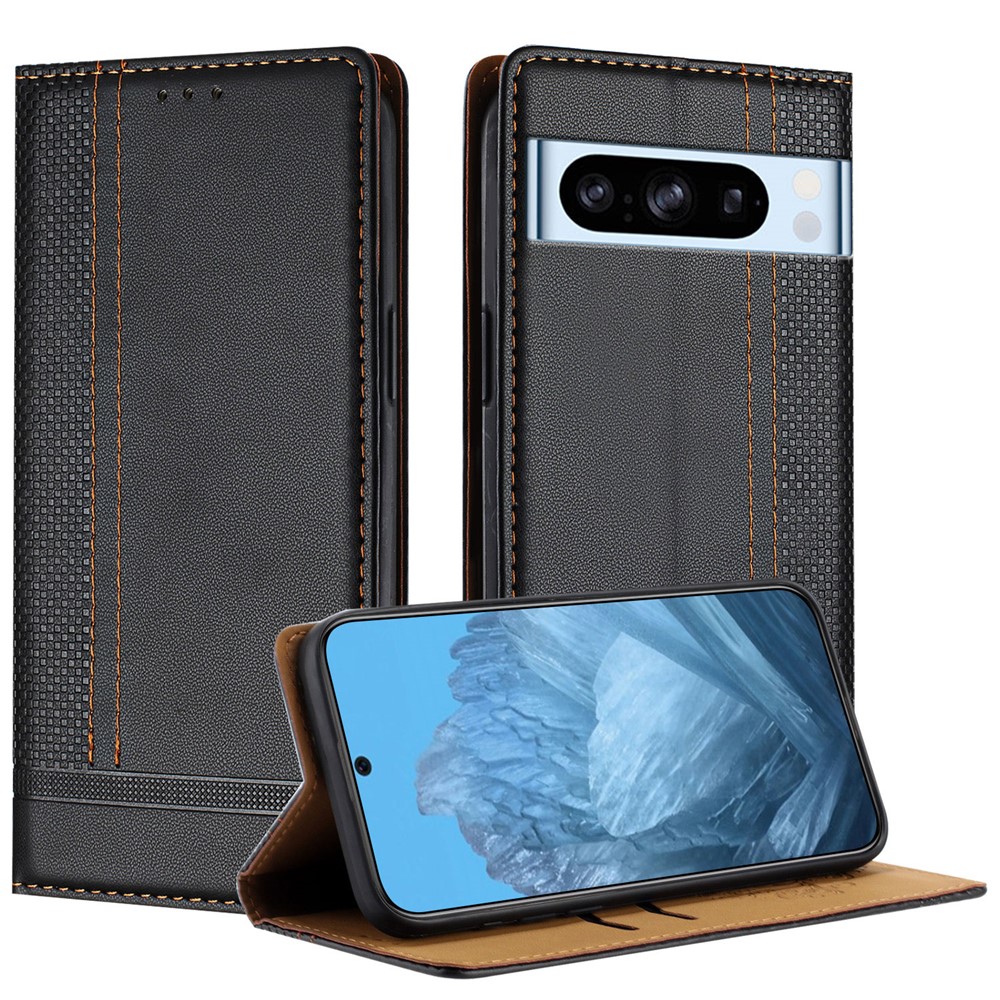 For Google Pixel 8 Pro Case L-Shaped Grid Pattern Leather Stand Phone Cover with Card Slots - Black