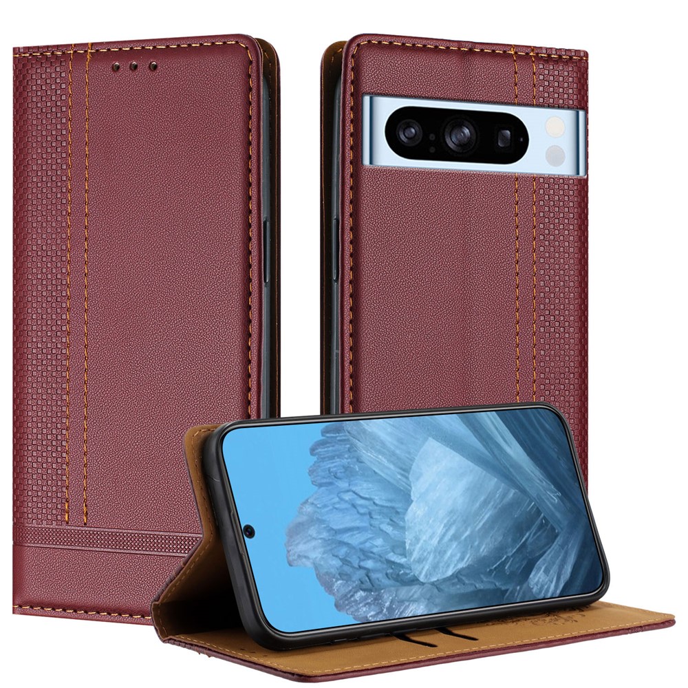 For Google Pixel 8 Pro Case L-Shaped Grid Pattern Leather Stand Phone Cover with Card Slots - Wine Red