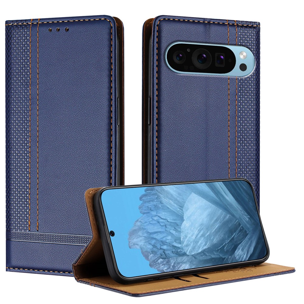 For Google Pixel 9 Case L-Shaped Grid Pattern Leather Stand Phone Cover with Card Slots - Blue